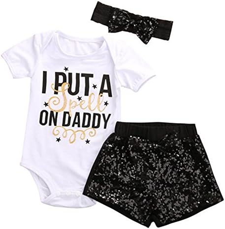 Alleppa Baby Girls 3PCS Outfit Short Sleeve Letters Printed Onesie Sequins Shorts Lace Haedband With Bowknot - Black -
