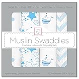 SwaddleDesigns X-Large Muslin Swaddle Blanket, Little Ships Fun (Set of 4 in Pastel Blue)