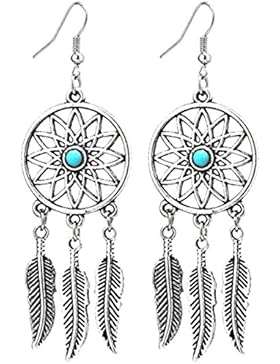 2LIVEfor Türkise Ohrringe Ethno Gross Federn Ohrringe Traumfänger Vintage Ohrringe lang Hängend Rund Antik Style...