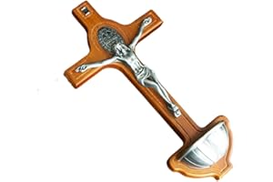 RZRHMUHN Wooden Saint Benedict Exorcism Crucifix with Holy Water Font - 8.5" Wall-Mounted Catholic Decor, Metal Corpus, Religious Gift (Yellow)