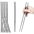 tiokin Metal Chopsticks 5 Pairs 9.5 Inch Premium Reusable Stainless Steel Chopsticks 304 Korean Chopsticks Square Lightweight Non-Slip Chop Sticks Dishwasher Safe Use for Home Kitchen Hotel Restaurant