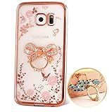Samsung Galaxy S7 Edge Hülle Silikon Transparent Durchsichtig Nnopbeclik® Glitzer Schutzhülle Ultra Slim TPU Tier bling bling Cover Case mit Rosa Blume, Schutzhülle Muster Glänzend Kristall Diamant mit Ringständer Stoßdämpfend Transparent Spiegel Schutz Handy Hülle Crystal Glitzer Strass Blume Case Tasche Etui Bumper Pour Samsung Galaxy S7 Edge 5.5 Zoll[Bowknot,RosaGolden]