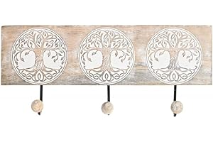 Kcasa - Perchero pared 3 colgador madera tallada arbol de la vida 38x5x16 cm