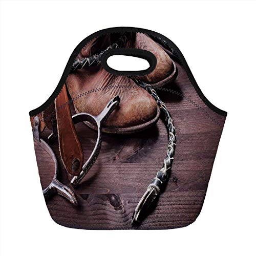 Portable Bento Lunch Bag,Western Decor,Authentic Old Leather Boots and Spurs Rustic Rodeo Equipment USA Style Art Picture,Brown,for Kids Adult Thermal Insulated Tote Bags