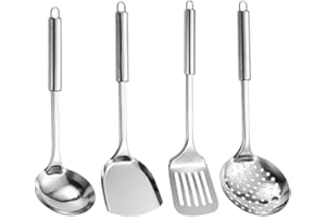 HIKPACKER 4 Piezas Juego De Utensilios De Cocina, Set Utensilios De Cocina Acero Inoxidable, Utensilios Cocina, Menaje De Cocina, Cucharones De Cocina, Cucharas, Espátulas, Espumadera, Cucharones