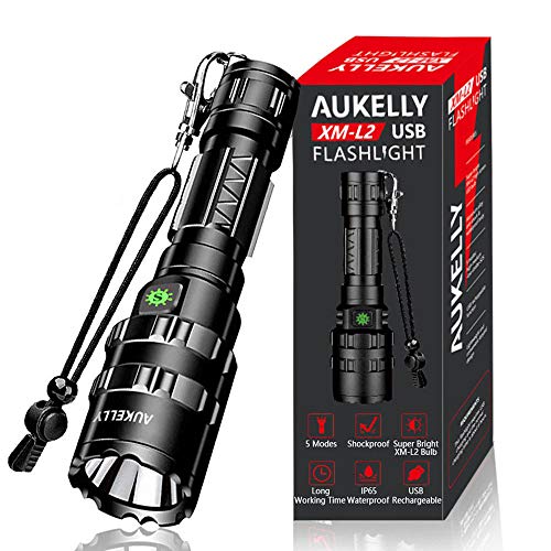 AUKELLY LED Linternas Recargable Linterna L2 Tactica Linterna Alta Potencia,con 5 Modos,Alta Potencia LED Linternas Camping, USB Linterna LED Recargable Linterna para Ciclismo, Con 18650 Batería