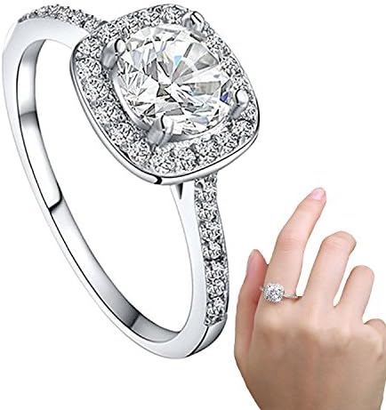 Ebess Women Stylish Shinning Sterling Silver Zircon Big Square Finger Rings Cut Diamond Anniversary Engagement Wedding Rings Fashion Chain Jewelry Sparkly Rings Gift