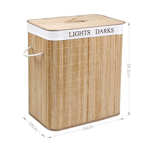 Homitex Groß 100L Bambus Faltbar Wäschekorb mit 2 Fächern H x B x T: ca. 60 x 54 x 33 cm LIGHTS&DARKS Wäschebox Wäschesammler mit fest fixiertem Wäschesack und Deckel (Natur) - 3