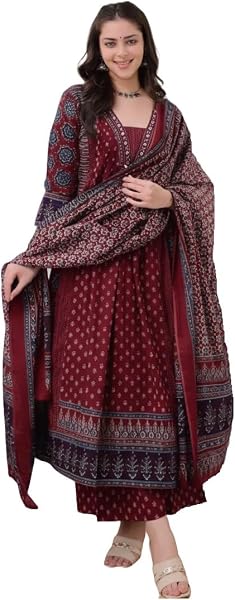 KLOSIA Women's Rayon Printed Anarkali Kurta and Pant with Dupatta Set