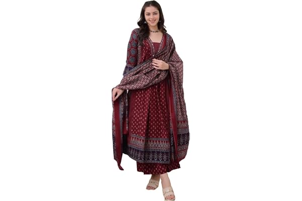 KLOSIA Women's Rayon Printed Anarkali Kurta and Pant with Dupatta Set