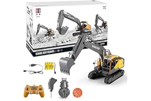 s-idee E568-003 1/16 Volvo Licensed RC Shovel Excavator with Full Function 3 Attachments and Ball, Excavator with Remote Control and Wood Grabber Remote Controlled with Battery and Charger