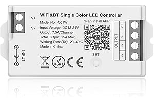 BTF-LIGHTING C01W Ruban LED monochrome PWM (+V -V) 2PIN Dim Brightness 2.4GHz Tuya WiFi Group Controller Alexa Google Home Smartphone APP Control Compatible with WR02RF RC01RFB Dim Remote