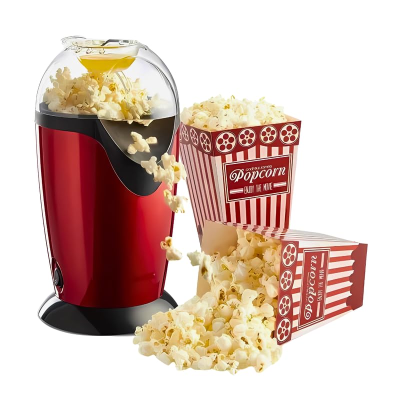 Drumstone (Special 10 Years Warranty) Mini Hot Air Popcorn Machine |Oil-Free Portable Snack Maker with Automatic Operation, 1200W Power, 1L Capacity (Available in Red and Black)