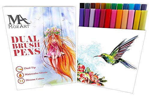 Set de rotuladores con doble punta de pincel- 24 colores - alta calidad, crea un efecto acuarela - Ideal para libros para colorear para adultos, manga, comic, caligrafía - MozArt Supplies