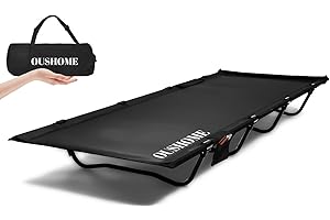 Oushome Lettino da Campeggio Ultraleggero, Pieghevole Brandina da Campeggio, Portatile, 192 x 70 cm, Peso Massimo 160 kg, Facile da Costruire, per Campeggio, Viaggi, Escursioni, Spiaggia, Nero
