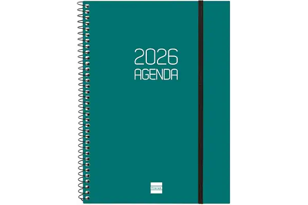 Finocam - Agenda Espiral 2026 Semana Vista Horizontal | Enero - Diciembre (12 meses) | Agenda Anual 2026 con goma | Tapa de polipropileno Espiral Opaque - Verde - Español