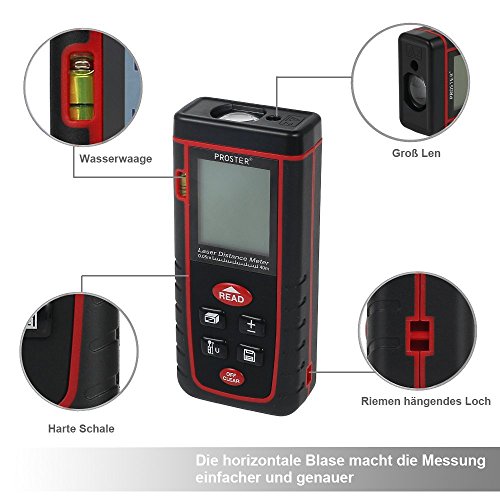 Proster Laser-Entfernungsmesser Entfernungsmessgerät Entfernungsmesser Distanzmesser Distanzmessgerät mit LCD Display und Wasserwaage Messbereich bis zu 60m - 5