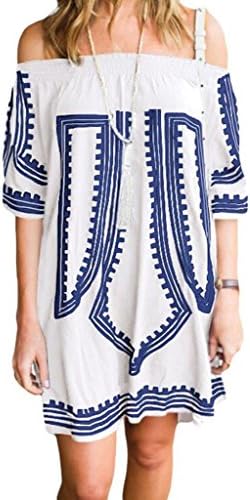 Wowforu Women's New Bohemian Vibe Geometric Print Off The Shoulder Loose Fit Kaftan Beach Holiday White Dress - One size 8-14