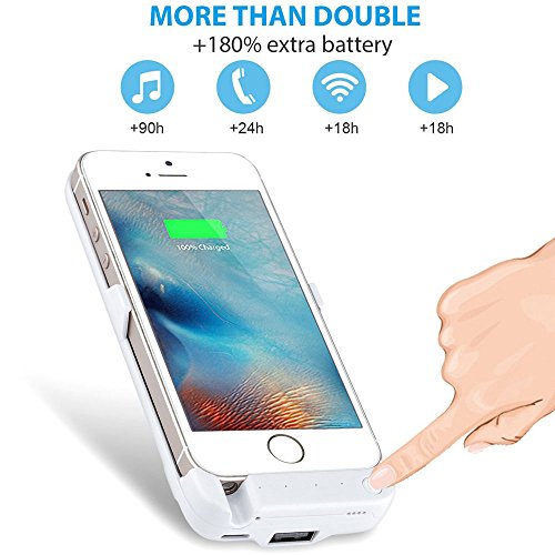 iPhone SE/5S/5 Battery Case,Soconic Newest Slim 4200mAh battery charging case for iPhone 5/5s/SE , Rechargeable extended protective Battery Case with 4 LED Lights Built-in Pop-out Kickstand Holder [With A Free Screen Protector] - White