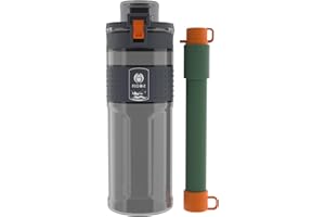 HISOIT 2-in-1 Water Filter Bottle with Straw 0.01μm Ultra-Filtration Reusable BPA Free Plastic For Outdoor Hiking Travel and Backpacking 17oz Grey Black