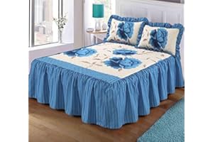 VOICE7 voice 7 Luxurious ROSALEEN Quilted Bedspread Floral - Valance Style 23 inch Deep Frilled Bedspread with Two Pillow Shams (Teal, King 3 Piece Set)