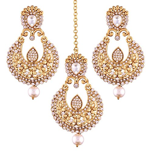 I Jewels Gold Plated Pearl Earring Set with Maang Tikka for Women (TE2341W)