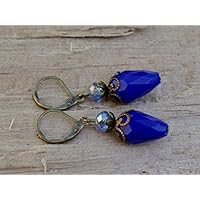 Vintage Tropfen Ohrringe mit Glasperlen - blau, royalblau opak & bronze