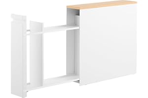 ‎YAMAZAKI Yamazaki 1426 Tower Auszieh-Regal mit Holzablage, weiß, Stahl/Holz/Polypropylen/Silikon, minimalistisch, 56 x 14 x 55 cm