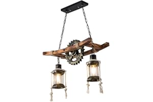 AHQX Lustre En Corde De Chanvre Lampe Suspension En Bois Antique Vintage Suspension Lumineuse E27 Éclairage De Salle À Manger Industriel Lustrerie Style Rétro Chambre Coucher Salon Droplights 2 Lumières