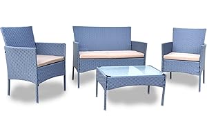 BUYEREMPIRE Garden Furniture Set 4 Piece Outdoor Rattan Sofa Tables & Chairs Bistro Wicter Conservatory Comfortable Pool Side Patio Lounger Grey (4 Piece Grey Rattan)