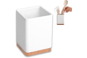 KOOK TIME Porta utensilios de cocina - Bote para utensilios cocina de cerámica y bambú - Soporte utensilios cocina cuadrado - Blanco brillo - 10.5 x 10.5 x 15 cm