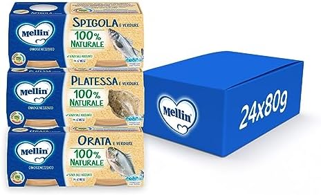 Mellin 12 Omogeneizzati Pesce con Verdure, 100% Naturale, 8 x 80 g Platessa, 8 x 80 g Orata e 8x 80 g Spigola - 24 Vasetti x 80 g