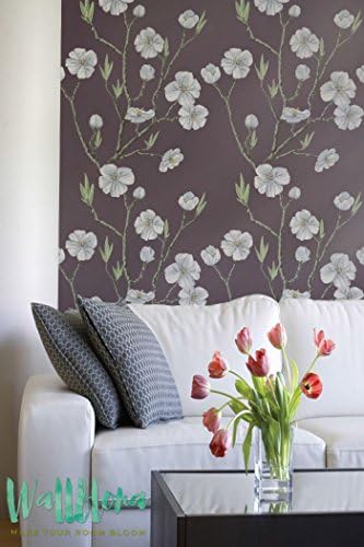 Temporary Wallpaper/Self - Adhesive Vinyl/Wall Decal/White Cherry Tree Flower &amp; Buds Pattern Removable Wallpaper/009
