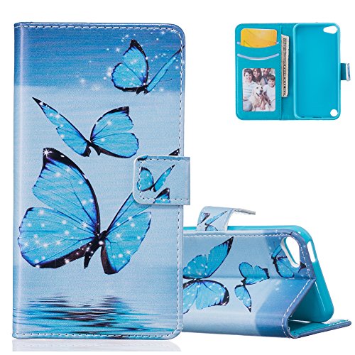 iPod Touch 5G Bunte Ledertasche,iPod Touch 6G Schutzhülle Brieftasche, Aeeque® Flip Bookstyle Schick Blau Schmetterling Muster mit Weich Silikon Innere Standfunktion Kartenfächer Magnetverschluss PU Leder Handytasche Etui Schutztasche für iPod Touch 5 / 6