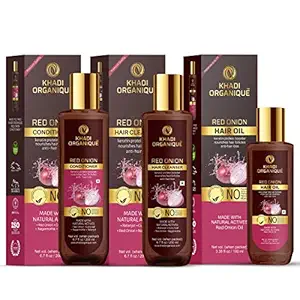 Khadi Organique Red Onion Hair Oil 100ml X1, Red Onion Cleanser/Shampoo 200ml X1, Red Onion Conditioner 200ml X1 Hair Care Combo/Kit