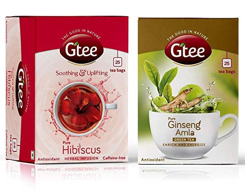 GTEE Green Tea Bags - Ginseng & Hibiscus Tea Bags, 25 Tea bags (Pack of 2)