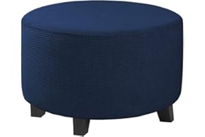 Highdi Ottoman Cover Round, Stretch Jacquard Fabric Footstool Slipcover, Solid Color Stool Protector Cover with Elastic Bottom, Dustproof Removable Washable Footrest Pouffe Covers (Navy blue,L)