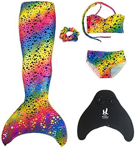 Uramermaid Childs Mermaid Tail For Swimming, Includes Monofin, Matching Bra Top, Briefs and Hair Scrunchie (6-7, Rainbow Bubbles)