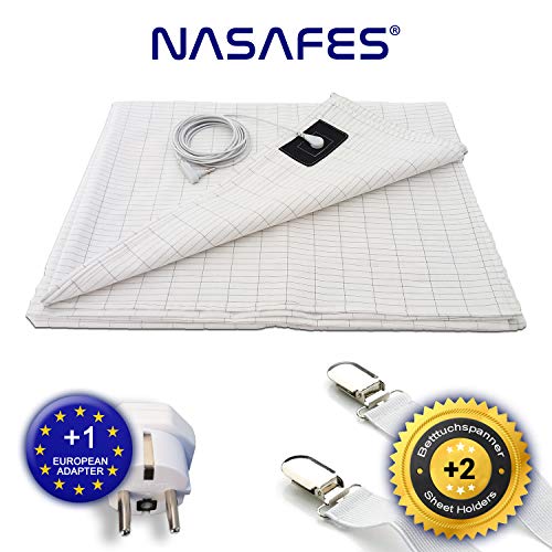 Nasafes Erdungslaken Bett Set - GROß 240 x 90 cm - Erdungsbettlaken - Erdungsbettuch - Baumwolle Bettlaken mit Silberfäden für gesunden Schlaf mit 2 Betttuchspanner und EU Adapter für Steckdose