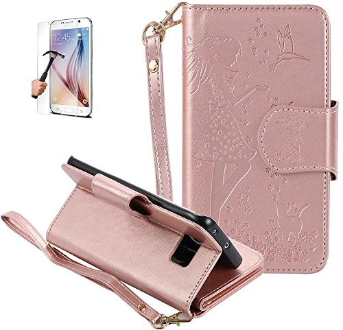 Preisvergleich Produktbild ISENPENK Samsung Galaxy S6 Edge / G925F(2015) Flip Case,Original Flip Bookstyle Cover Wasserdicht Shockproof Anti Slip Protection Multifunktions Leather Case Wallet Hülle,Mädchen Vögel und Katze Print Muster Pattern Wallet Case mit Intern Karte Schlitz,Anti-Sturz Stoßfest Stoßdämpfend Triangle Hemming Wallet Tasche,Magnetic Closure Schutzhülle mit Standfunktion Handy Gürtel für Samsung Galaxy S6 Edge / G925F(2015) 5.1Zoll-[rosegold]+Panzerglas Folie / Schutzfolie / Displayschutzfolie