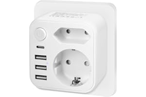 VMUTGA Doppelstecker für Steckdose, Mehrfachsteckdose Steckdosenadapter mit 3 USB A und 1 USB C Port, Mehrfachstecker für Hause, Reisen, Geschäftsreisen