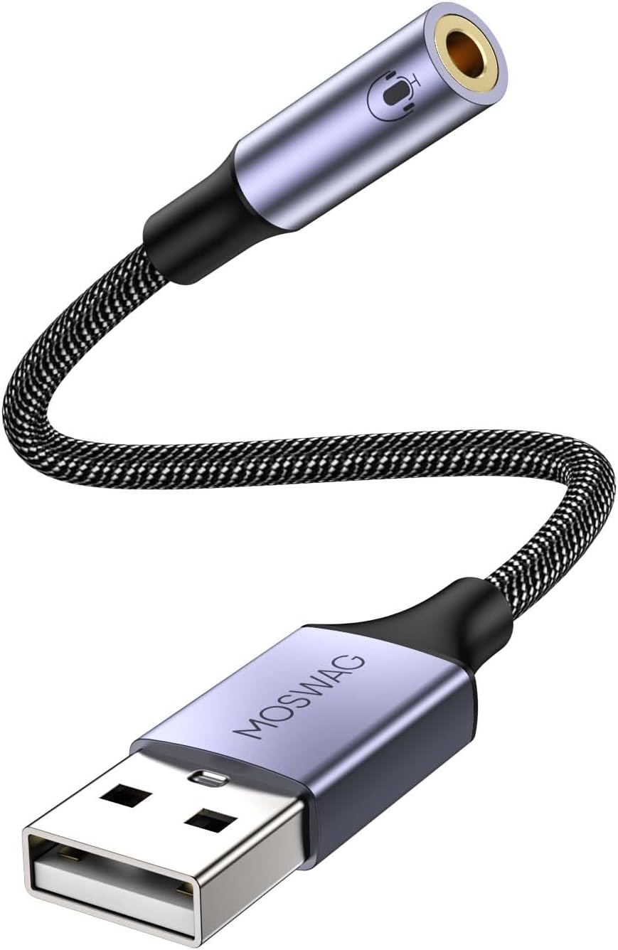 MOSWAG USB to 3.5mm Audio Adapter Built-in DAC External Sound Card Nylon Braided Aluminum Shell for PC Laptop PS5 PS4 Mac Linux Chromebook 1Pack