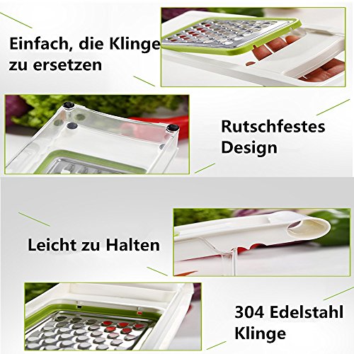 Mandoline Slicer Gemüsehobel Verstellbar, Reibe mit behälter 9 in 1 Gemüseschneider würfel 5 austauschbare Klingen + Gemüse & Früchte Peeler + Food Container + Sicherheit Food Holder + Butting Board - 5