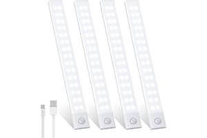 Forepin Lampe de Placard 60 LEDs, Lot de 4 Lampe de Placard à Détecteur de Mouvement Sans Fil, Type-C Rechargeable Éclairage à LED Lumière de Placard pour Cuisine Escalier Couloir
