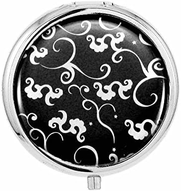 Pill Box - Pocket Silver Metal Round Pillbox 3 Pill Compartments (B&W Design)