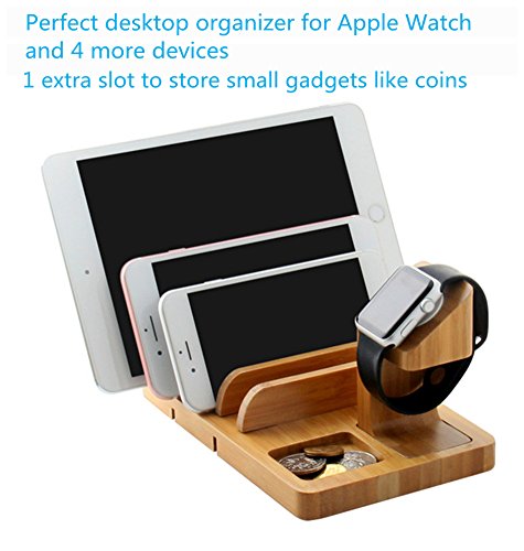 Supporto Apple Watch, IPUTY Bamboo Wood Supporto dock per Apple Watch Series (38mm e 42mm), 5-Slot Staccabile Universal Cradle Station Organizer per iPhone, iPad, Tablet o altri Smartphone