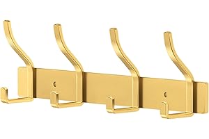 MEIJO Coat Hooks Wall Mounted Stainless Steel, Gold Coat Rack Wall Mounted with 4 Hooks Heavy Duty Coat Hooks for Door, Bathroom, Bedroom, Kitchen (Gold, 4 Hooks)