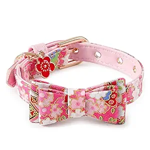 Pets Empire Cat Japanese-Style Bow Cat Collar PU Collar Bell Bow Pet Cat Tie Adjustable Neck 17-24cm Width- 1cm Pink