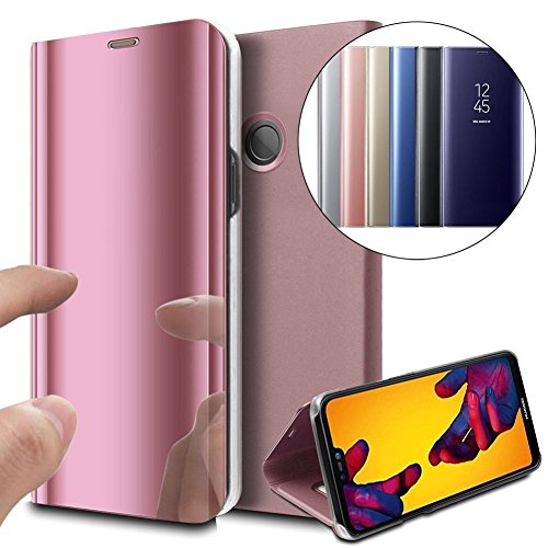 BeFunky Mirror Plating Full Body Protective Reflection Ultra Thin Hard PU Leather Anti-Scratch Flip Case for Huawei P20 Lite (Rose Gold)