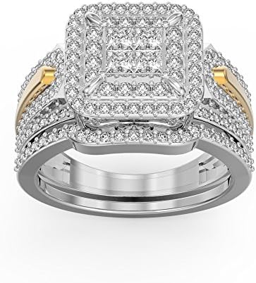 0.98 CT Real Diamond Wedding Bridal Ring Set on 14k Two Tone Gold for Women's (P)